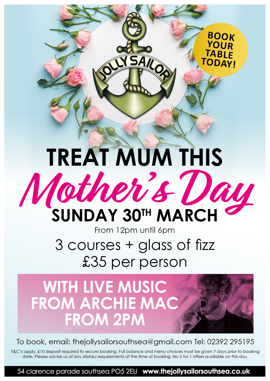 mothers day, lunch, sundays,march, live music, archie mac, portsmouth